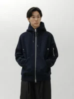 Model Wearing A.pressse Navy Cotton Cashmere Knit Hoodie