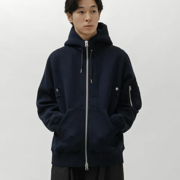 Model Wearing A.pressse Navy Cotton Cashmere Knit Hoodie