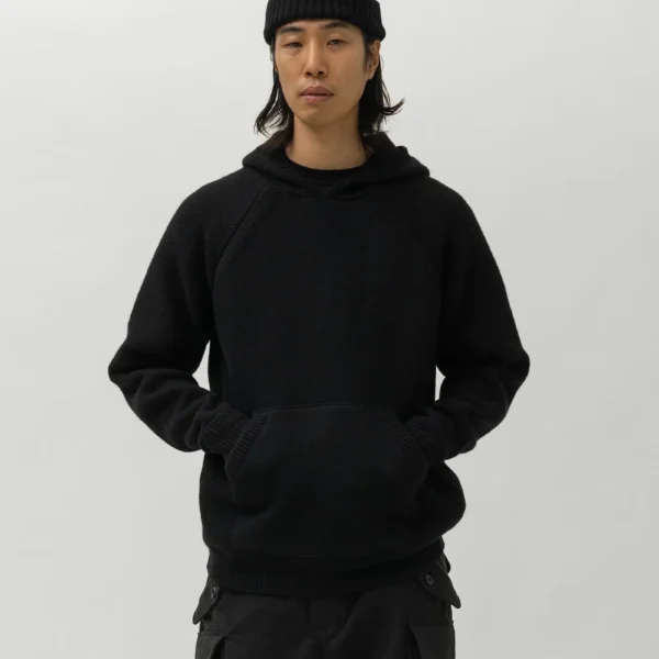 A.pressse Highland Hoodie Merino Wool Cashmere Black wearing side view