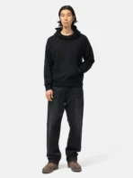 Model wearing A.pressse Jumbo SB Hoodie P.O. Superfine Black side view