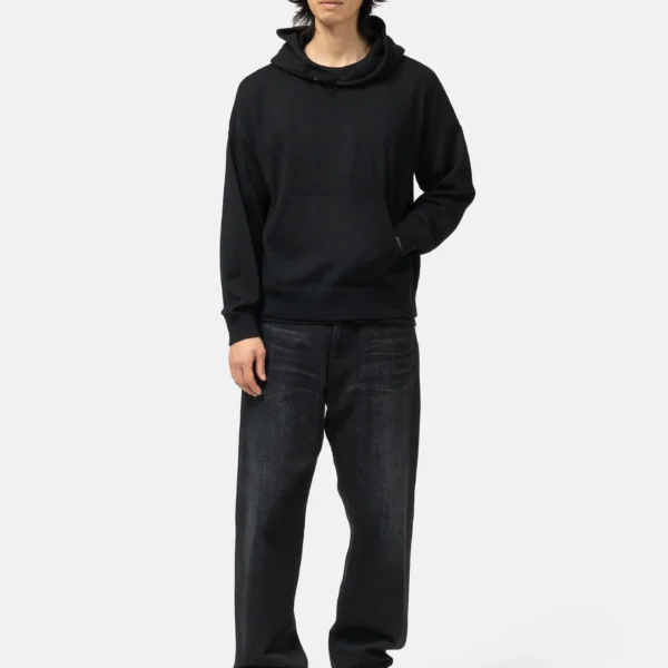 Model wearing A.pressse Jumbo SB Hoodie P.O. Superfine Black side view