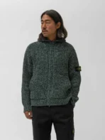 A.pressse Knit Hoodie Dark Green Melange wearing side view