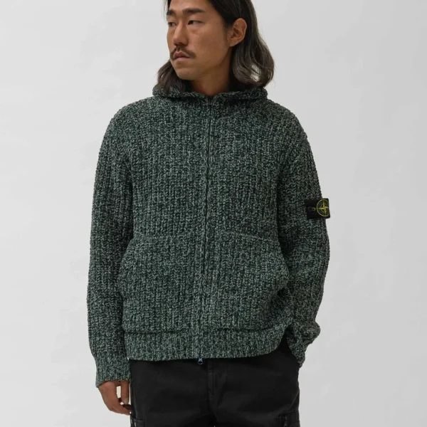 A.pressse Knit Hoodie Dark Green Melange wearing side view