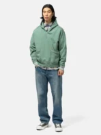 Model wearing A.pressse Sailor Hood Half Zip Sweatshirt Green side view