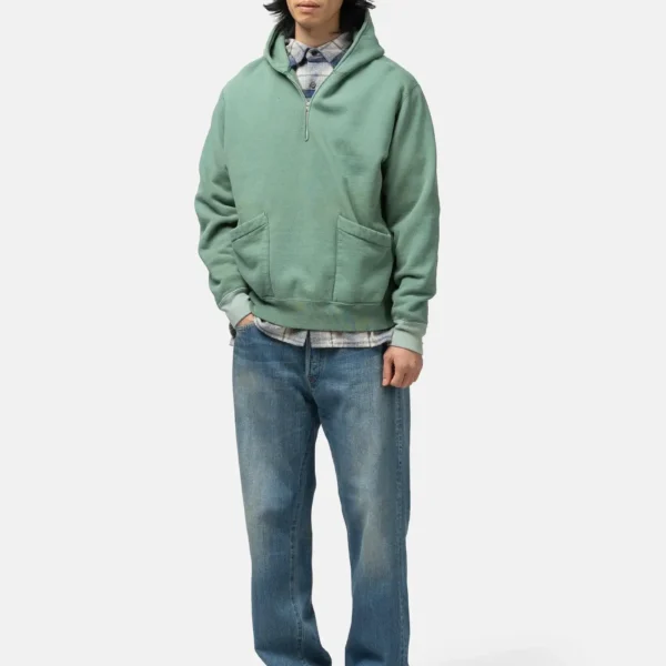 Model wearing A.pressse Sailor Hood Half Zip Sweatshirt Green side view