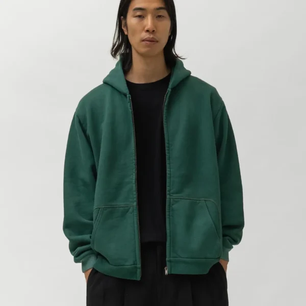 Model wearing A.pressse Vintage Zip Sweat Hoodie Green side view