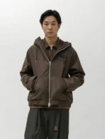 Model Wearing A.pressse Brown Wool Flannel Hoodie