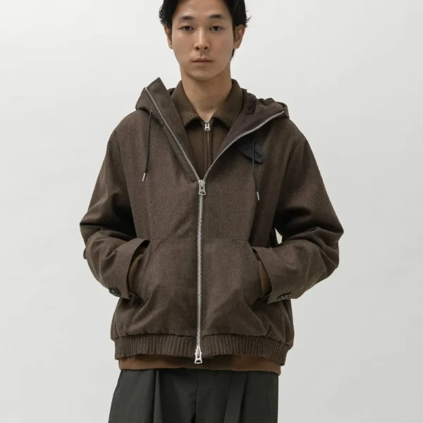Model Wearing A.pressse Brown Wool Flannel Hoodie